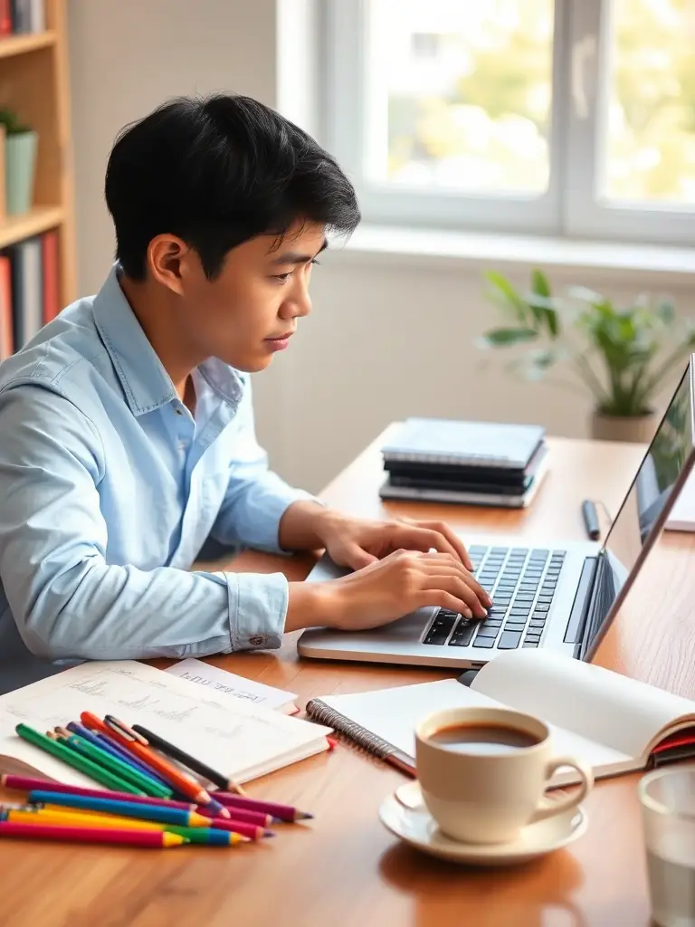 A close-up shot of a person writing compelling copy on a laptop, with creative tools and inspirational elements surrounding them, highlighting the art of persuasive writing.