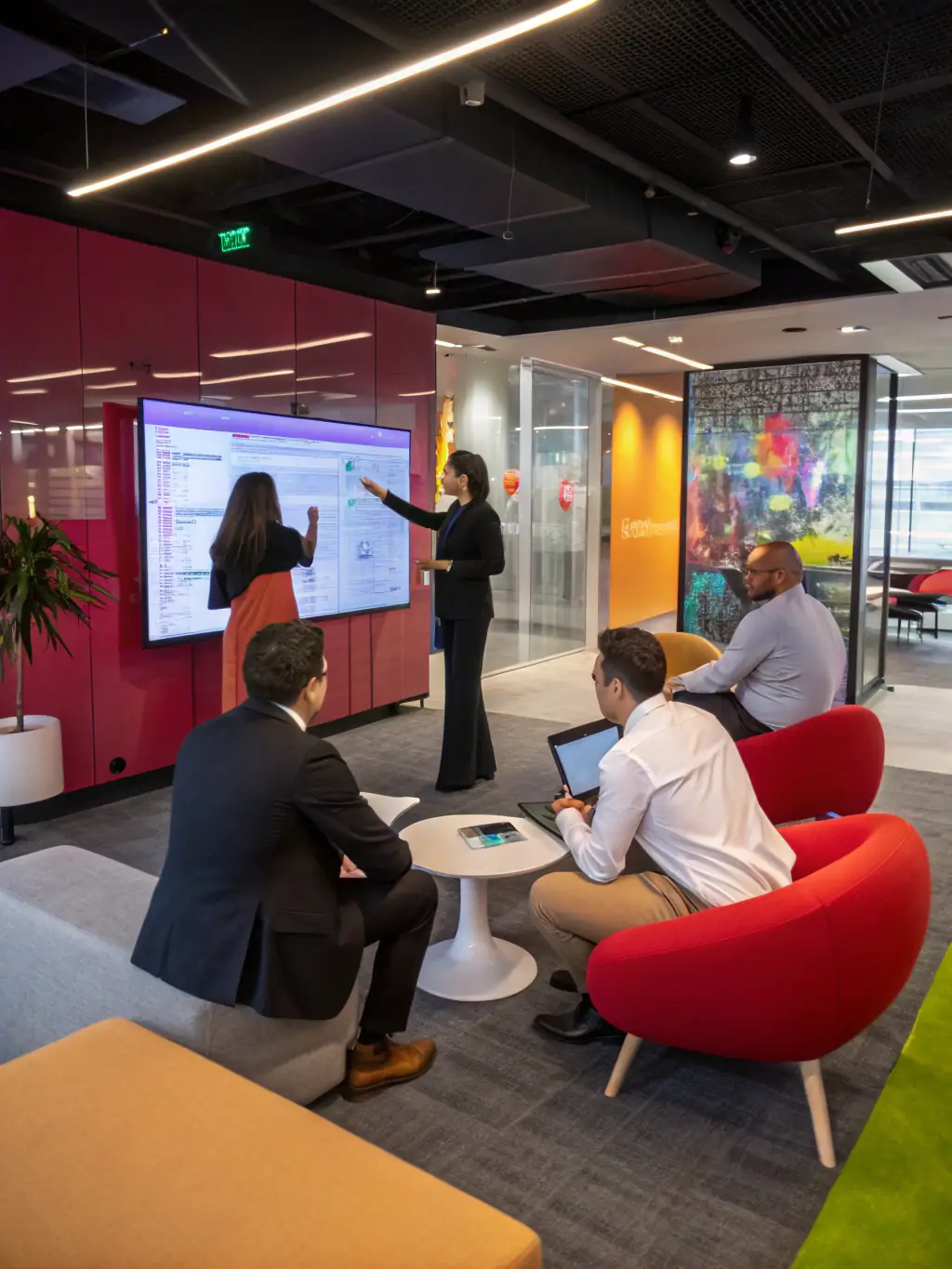 A professional workspace with a strategist brainstorming ideas on a whiteboard, surrounded by a diverse team contributing to the discussion, symbolizing collaborative brand strategy development.