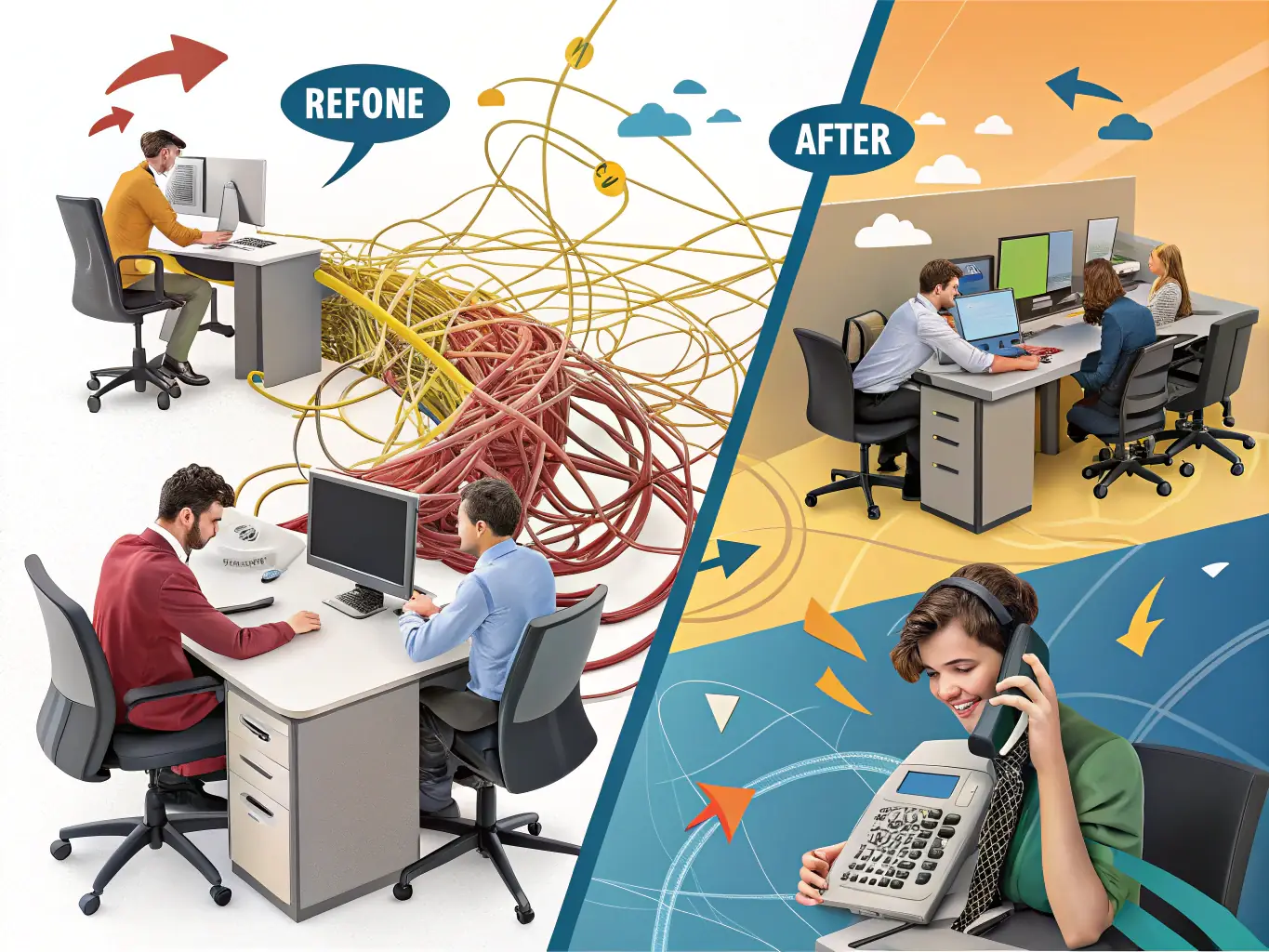 An image of tangled wires representing the complexity of business messaging, contrasted with a simplified diagram showing a clear and direct communication flow.